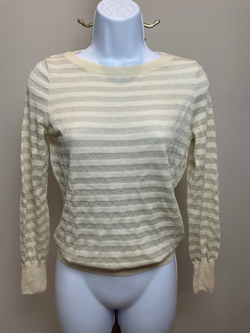 Talbots Italian Merino Lightweight Sweater Petite M Cream Gold Stripe